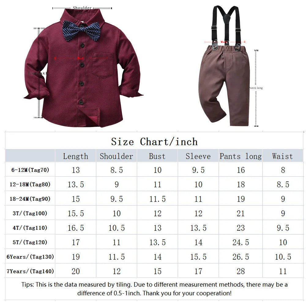 Kabeier Baby Boys Gentleman Outfit Suit Sets Toddler Shirt with Bowtie Infant Autumn Suspender Trousers Sets