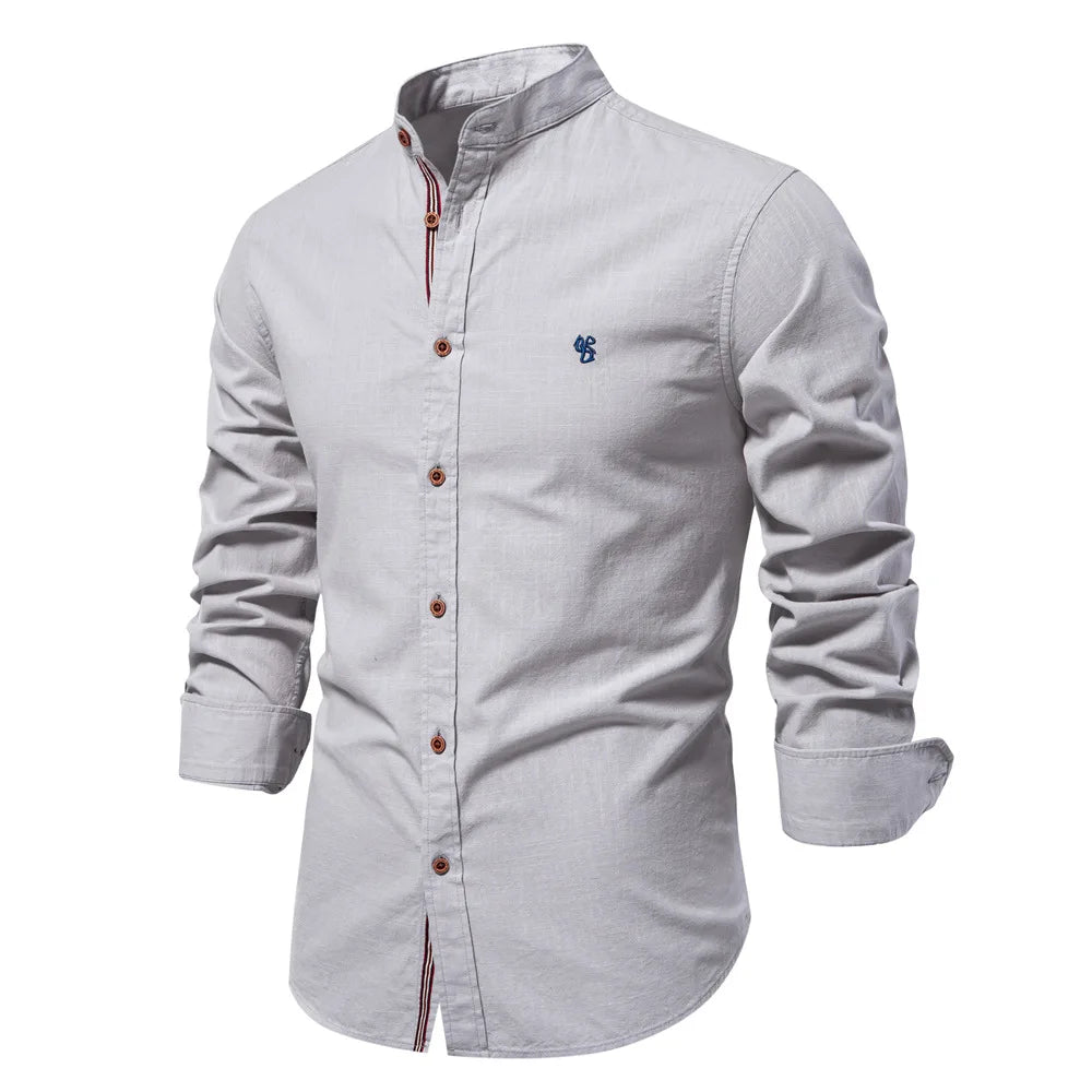 Autumn New 100% Cotton Social Shirt Men Solid Color Long Sleeve High Quality Shirt for Men Stand-up collar Casual Men's Shirts