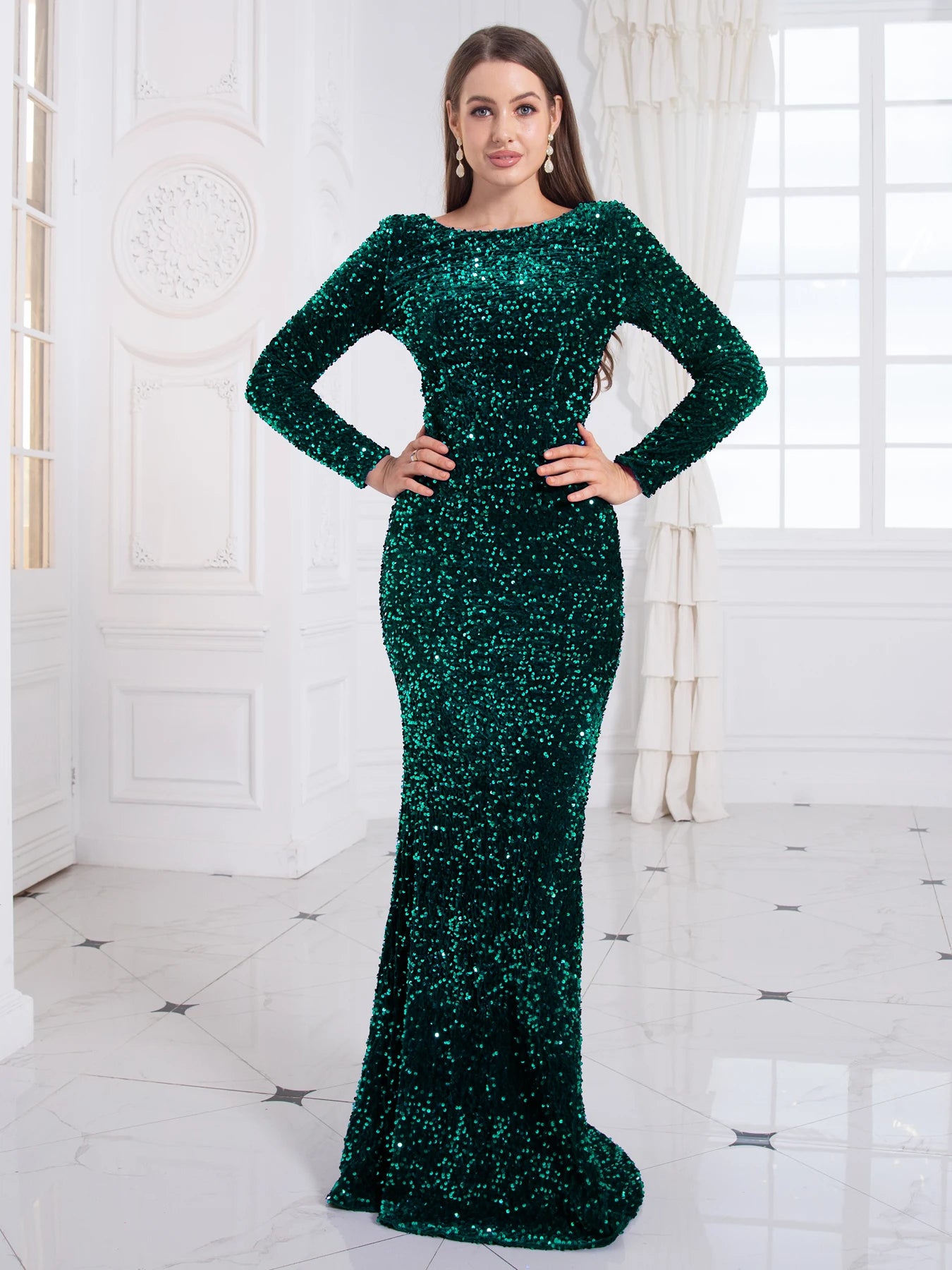 Stretch Sequined Evening Night Maxi Dress Full Sleeved Bodycon Long Red Gold Green Party Gown