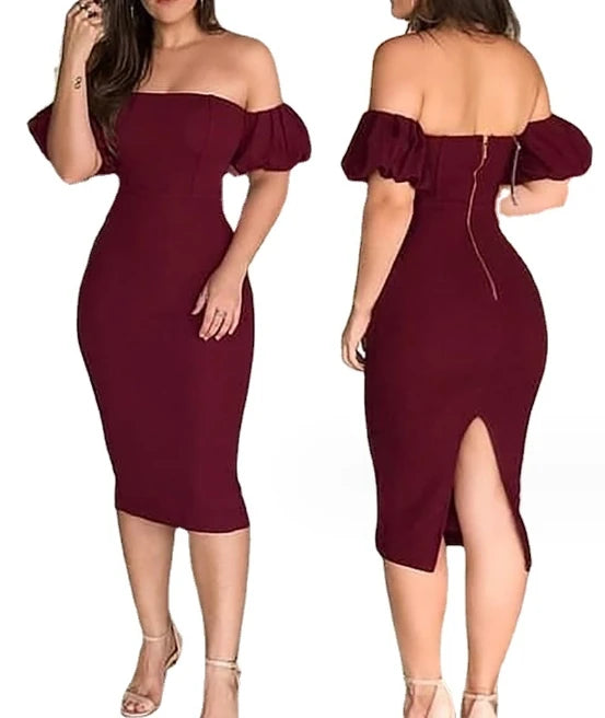 Women's Elegant Style 2024 Spring/summer Latest Commuting Style Solid Color Burgundy One Shoulder Bubble Sleeve Tight Long Skirt