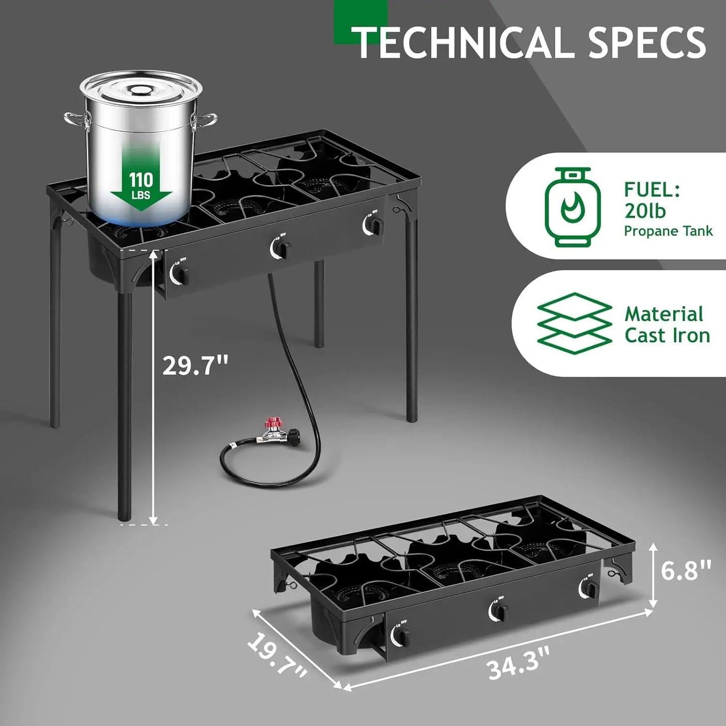 Burner Propane Gas Stove for Outdoor Cooking, 225,000 BTU Camping Cooker with Removable Legs, Temperature Control Knob