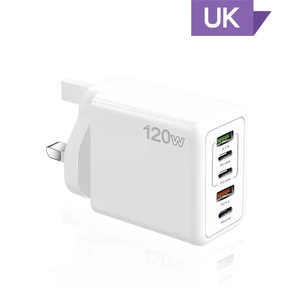 Total 120W USB Charger 5 Ports Type C Fast Charging Mobile Phone Wall Adapter EU/US/UK Plug For iPhone 15 Samsung Xiaomi Huawei