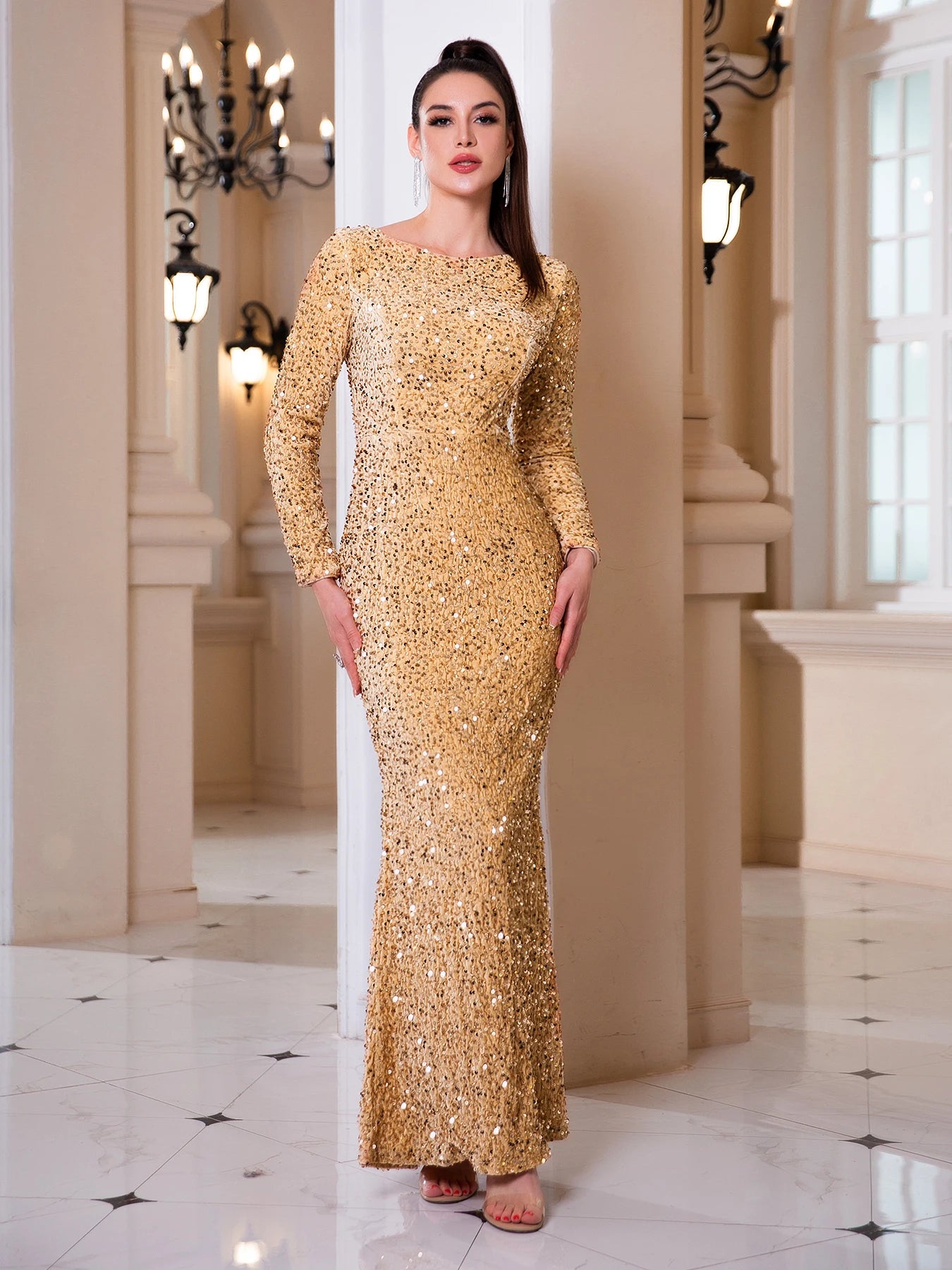 Stretch Sequined Evening Night Maxi Dress Full Sleeved Bodycon Long Red Gold Green Party Gown