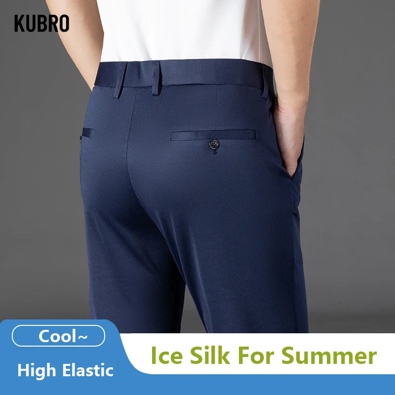 KUBRO Male Pants Stretch Ice Silk Smart Casual Men's Trousers Office Quick Dry Suit Pants New Spring Autumn Korean Straight 2024