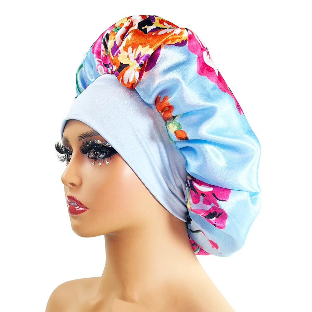 Women Satin Bonnet Cap Silky Big Bonnet for Women Floral Printing Sleep Cap Design Boneet's