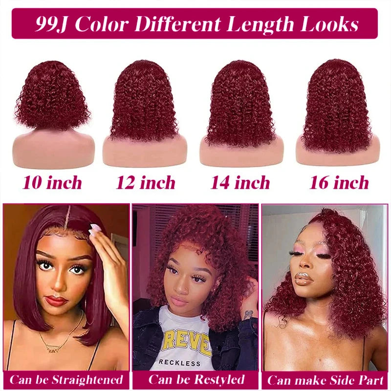 99J Burgundy Short Kinky Curly Bob Wigs Human Hair 13X4 Transparent Lace Wigs Deep Wave Brazilian Human Hair Lace Frontal Wig