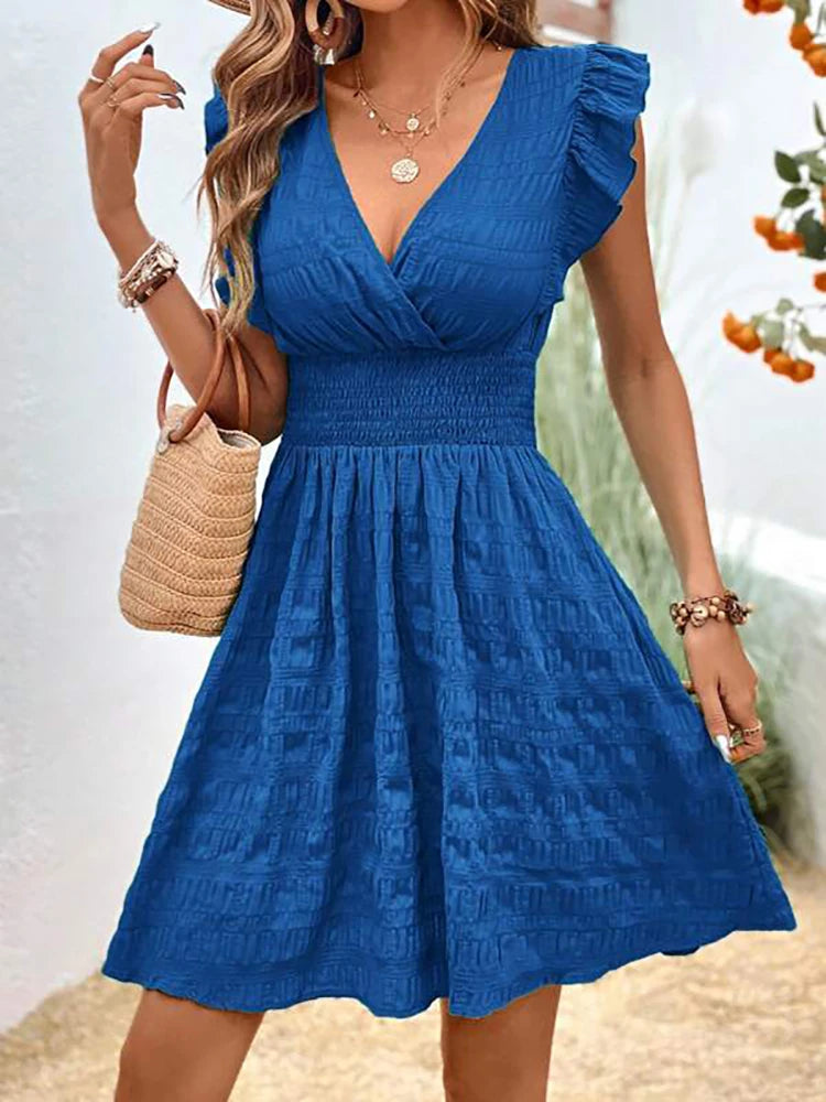 Elegant Short Dresses For Women Summer Casual Slim Red Sleeveless Holiday Beach Dress Fashion V Neck A-line New In Dresses 2024