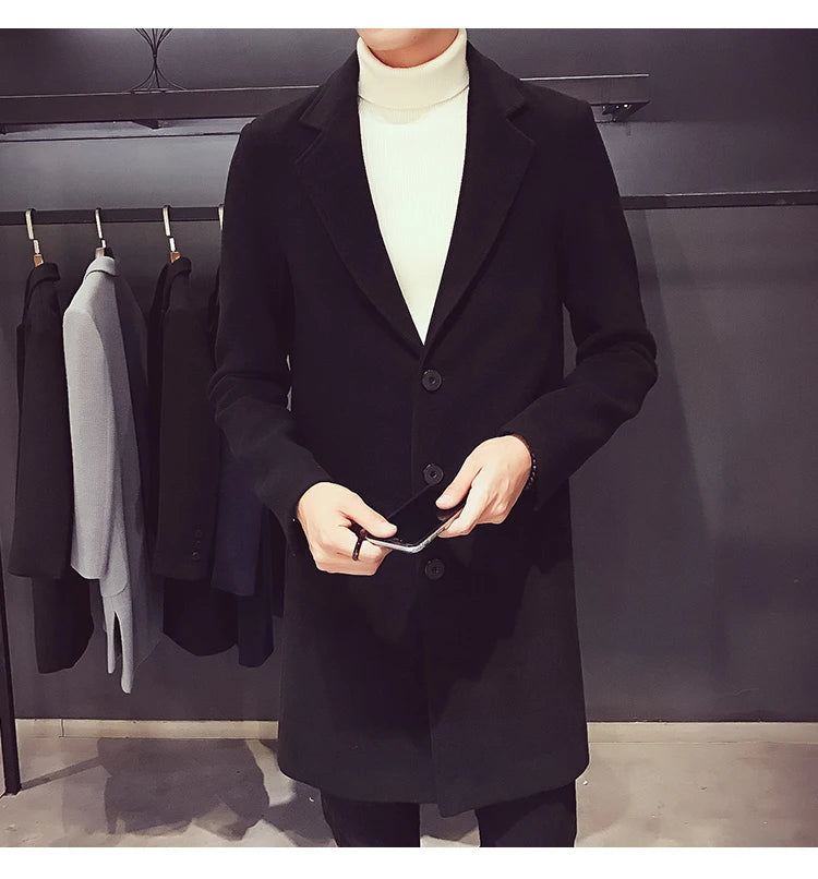 Autumn and Winter Slim Fit Long Wool Coat for Men's Single Breasted Lapel, Street Fashion Business Trench Coat for Men Clothing