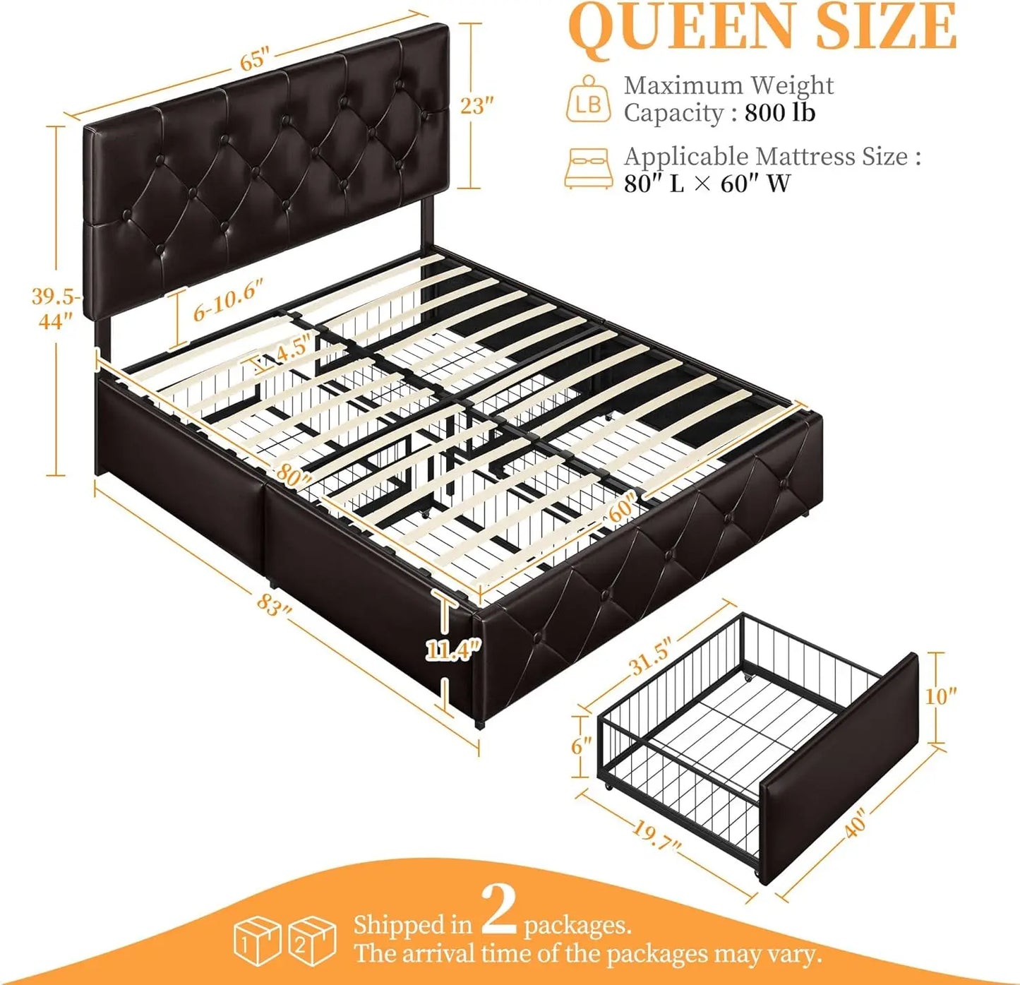 Upholstered Bed Frame with 4 Drawers and Adjustable Headboard, Faux Leather Platform Bed, Queen Size