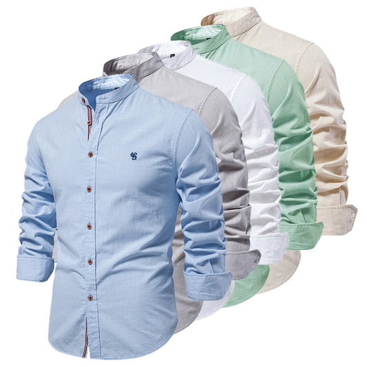 Autumn New 100% Cotton Social Shirt Men Solid Color Long Sleeve High Quality Shirt for Men Stand-up collar Casual Men's Shirts