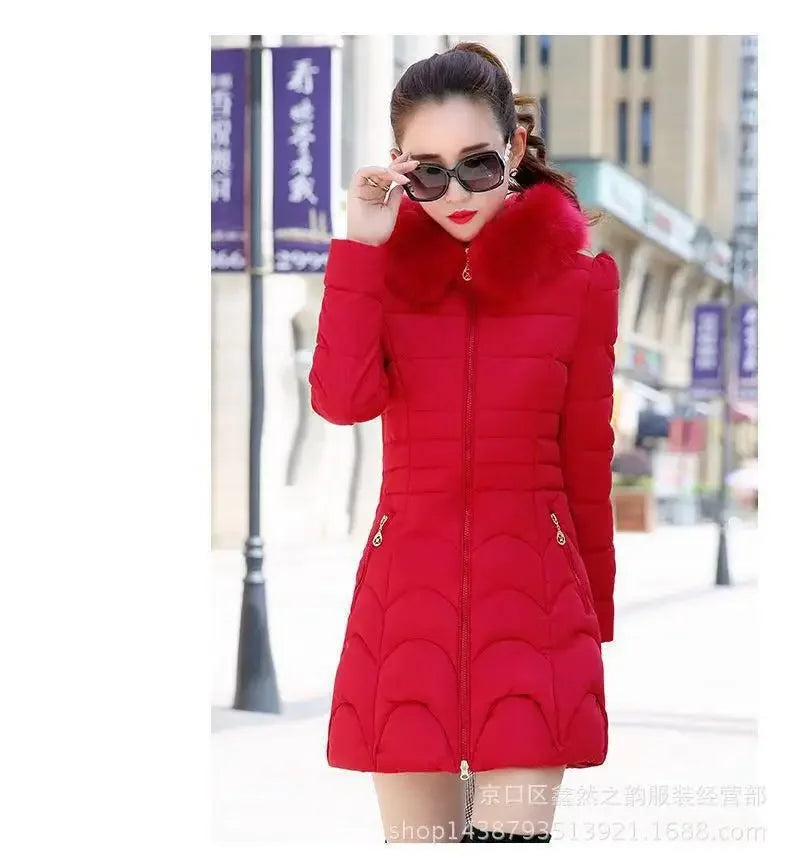 Winter Women Jacket Parka Big Fur Collar Hooded Thick Warm Female Coat Casual Outwear European Fashion Black Tops -30 Degrees