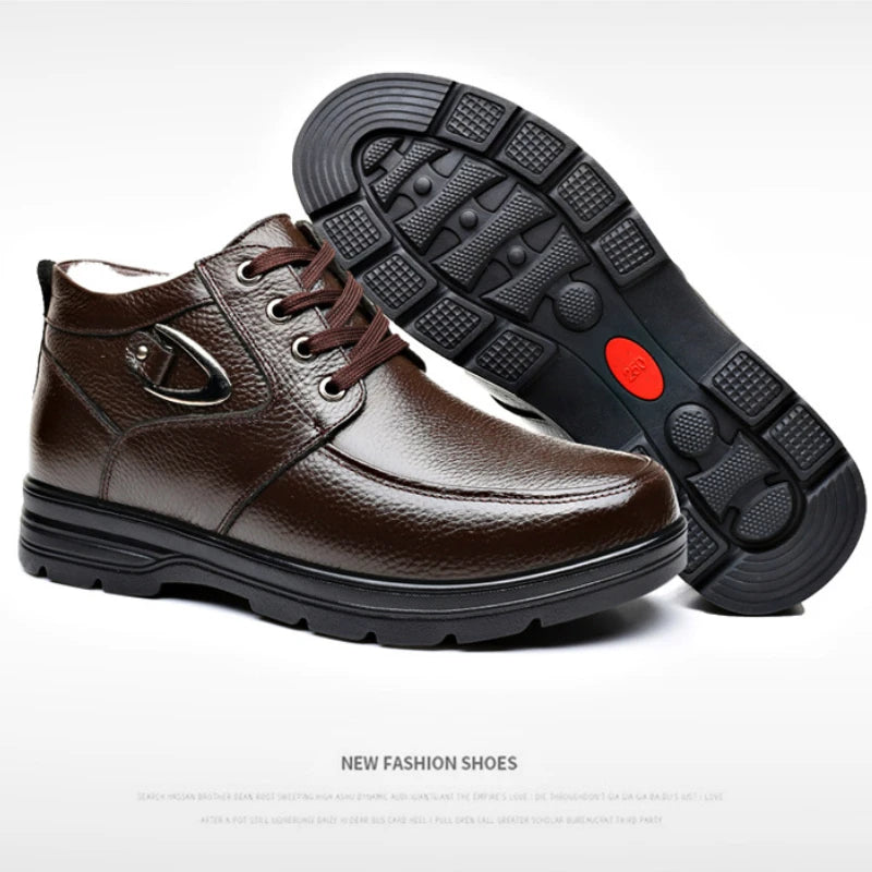 New in Men's Genuine Leather Boots Winter Snow Shoes Wool Inner Anti slip Father Ankle Boots Waterproof Warm Man Cotton Boot