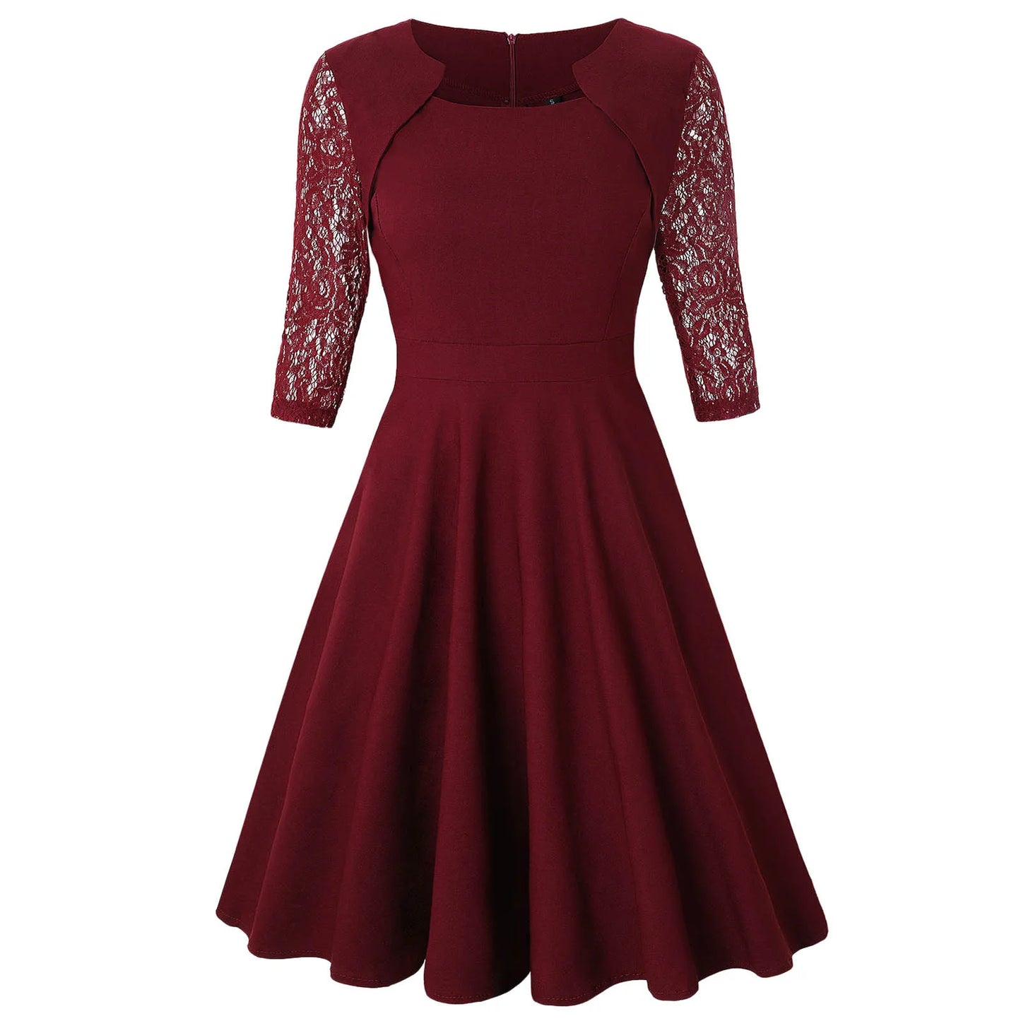 Women Lace Patchwork Formal Dress Autumn Winter Red Square Collar 3/4 Sleeve Party A Line Vestidos Elegant Lady Evening Dress