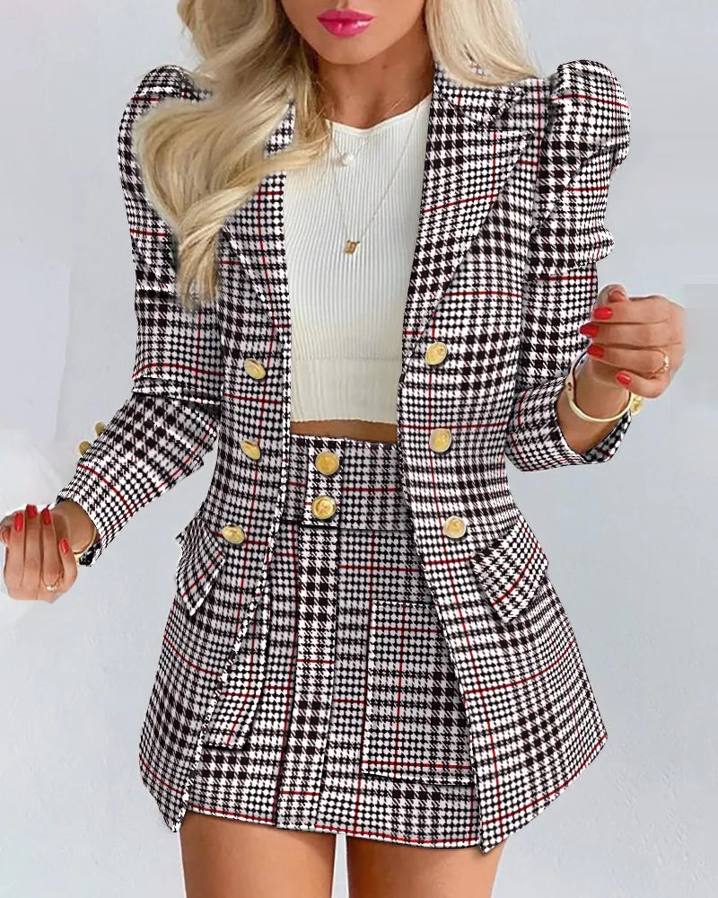 Women's Elegant Plaid Print Blazers Skirt Two Piece Set Spring Summer Fashion Long Sleeve Coat And Skirt Sets Office Ladies Suit