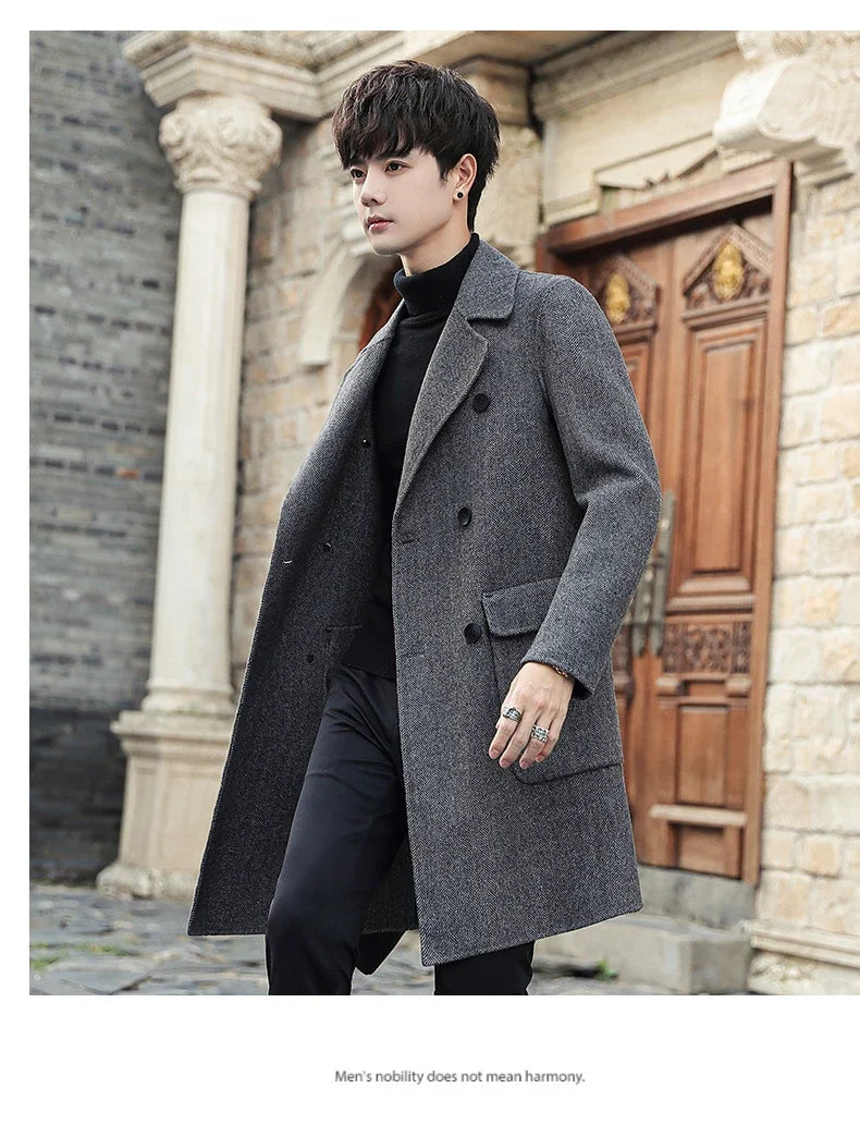 2023 Men's Autumn Winter New Long Woolen Windbreaker Coats Male Double-breasted Casual Jackets Men Wool Blends Outerwear