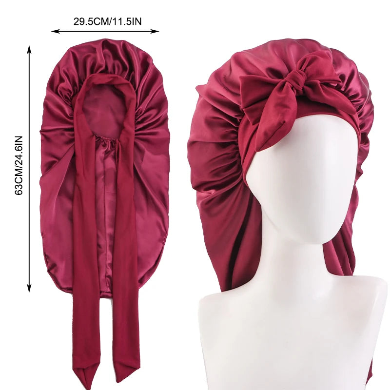 New Long Bonnet Elastic Satin Silky Sleep Cap For Women Hair Care Bonnets with Stretchy Tie Band Sleep Cap for Braids Curly Hair