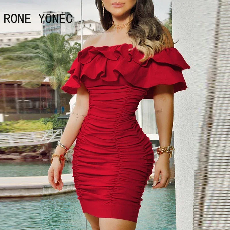 Women Elegant  Off  Shoulder Cascasing Ruffle Hem Folds  Mini Bodycon Party Dresses