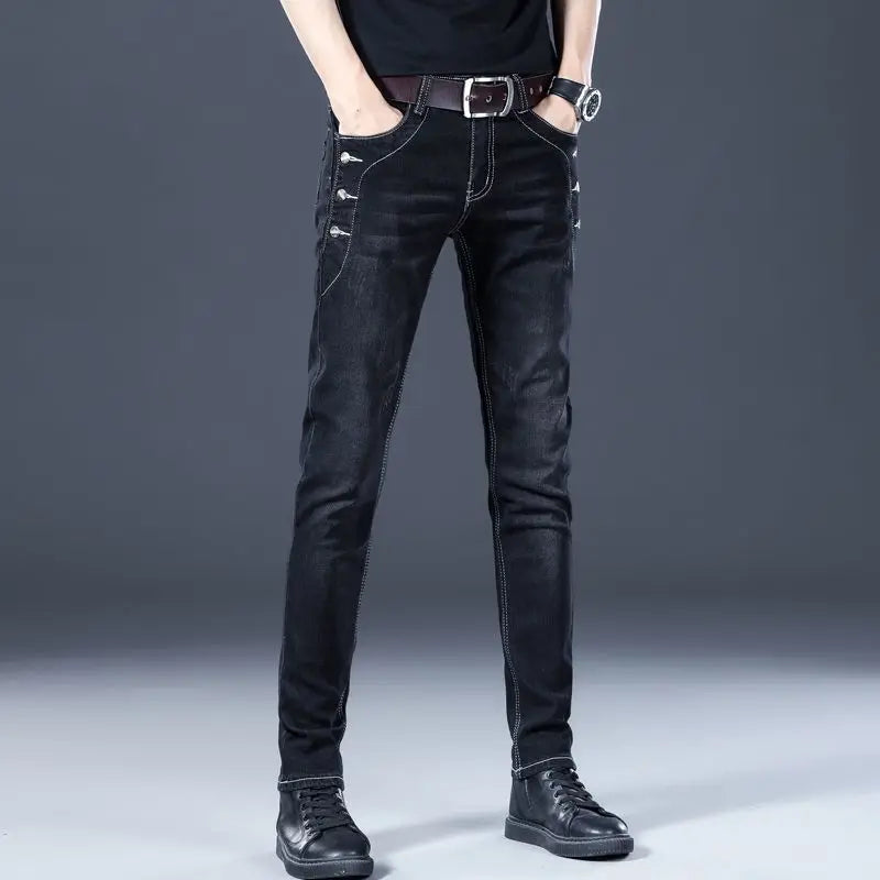 Fashion Luxury Clothing Designer Washed Men's Slim Fit Denim Jeans for Casual Wear Autumn Stretch Stylish Students Long Pants