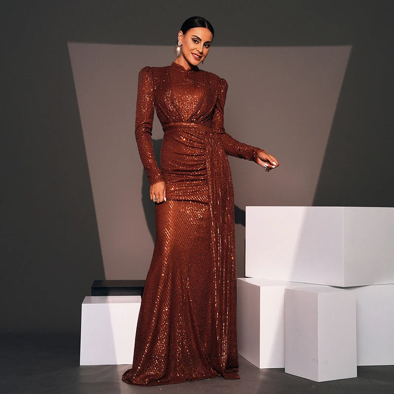 Women Luxury Elegant 2024 Long Sleeve O Neck Sequined Evening Party Formal Occasion Cocktail Prom Bridesmaid Maxi dresses