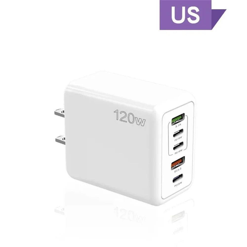 Total 120W USB Charger 5 Ports Type C Fast Charging Mobile Phone Wall Adapter EU/US/UK Plug For iPhone 15 Samsung Xiaomi Huawei