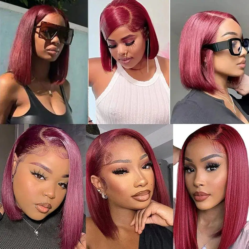 13x4 99J Short Bob Wig Human Hair HD Transparent Dark Red Burgundy Color Lace Frontal Bob Wigs Bone Straight  For Black Woman