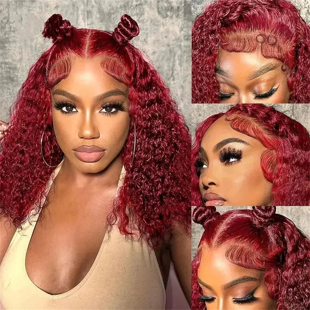 99J Burgundy Short Kinky Curly Bob Wigs Human Hair 13X4 Transparent Lace Wigs Deep Wave Brazilian Human Hair Lace Frontal Wig