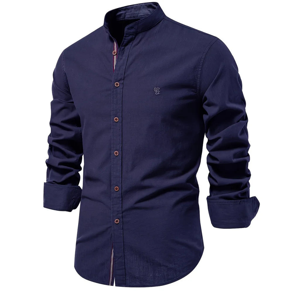 Autumn New 100% Cotton Social Shirt Men Solid Color Long Sleeve High Quality Shirt for Men Stand-up collar Casual Men's Shirts