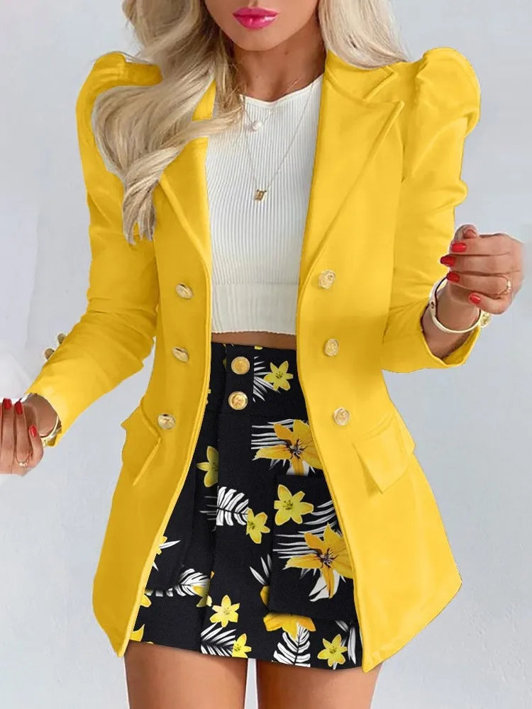 Long Sleeve Suit Jacket Dress Set Spring Fashion Elegant Solid Turn Down Collar Coat Buns Two Piece Sets For Women Outfit 2023