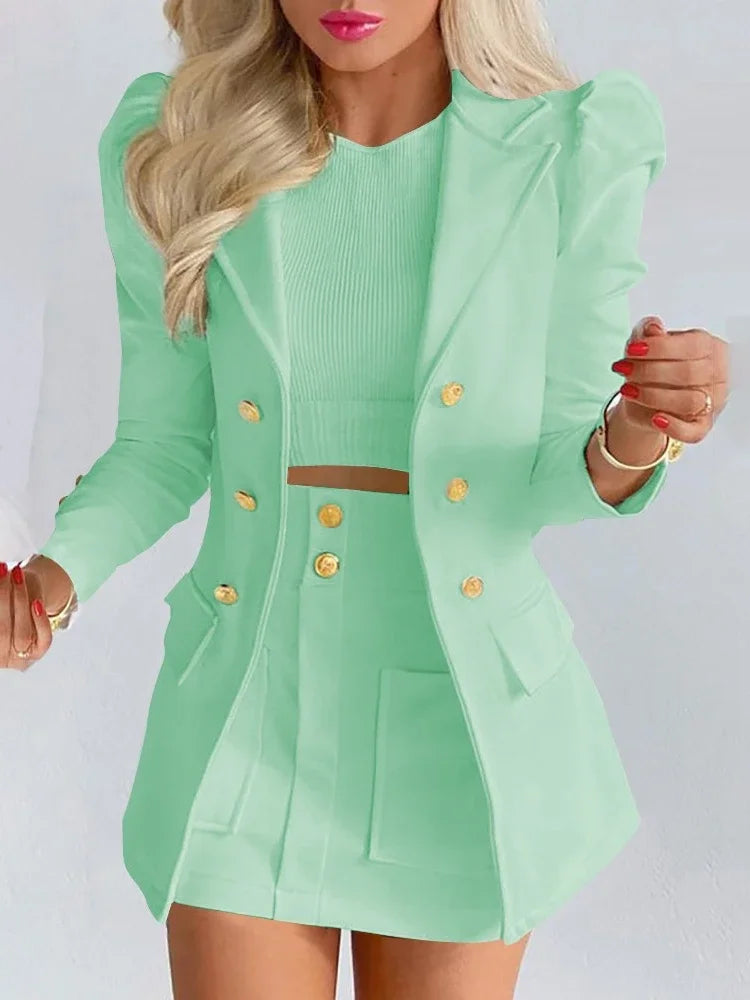 Fashion Women's Summer Spring Long Sleeve Office Lady Jacket with Mini Skirt Two-piece Suit Solid Color Blazer and Skirt Sets