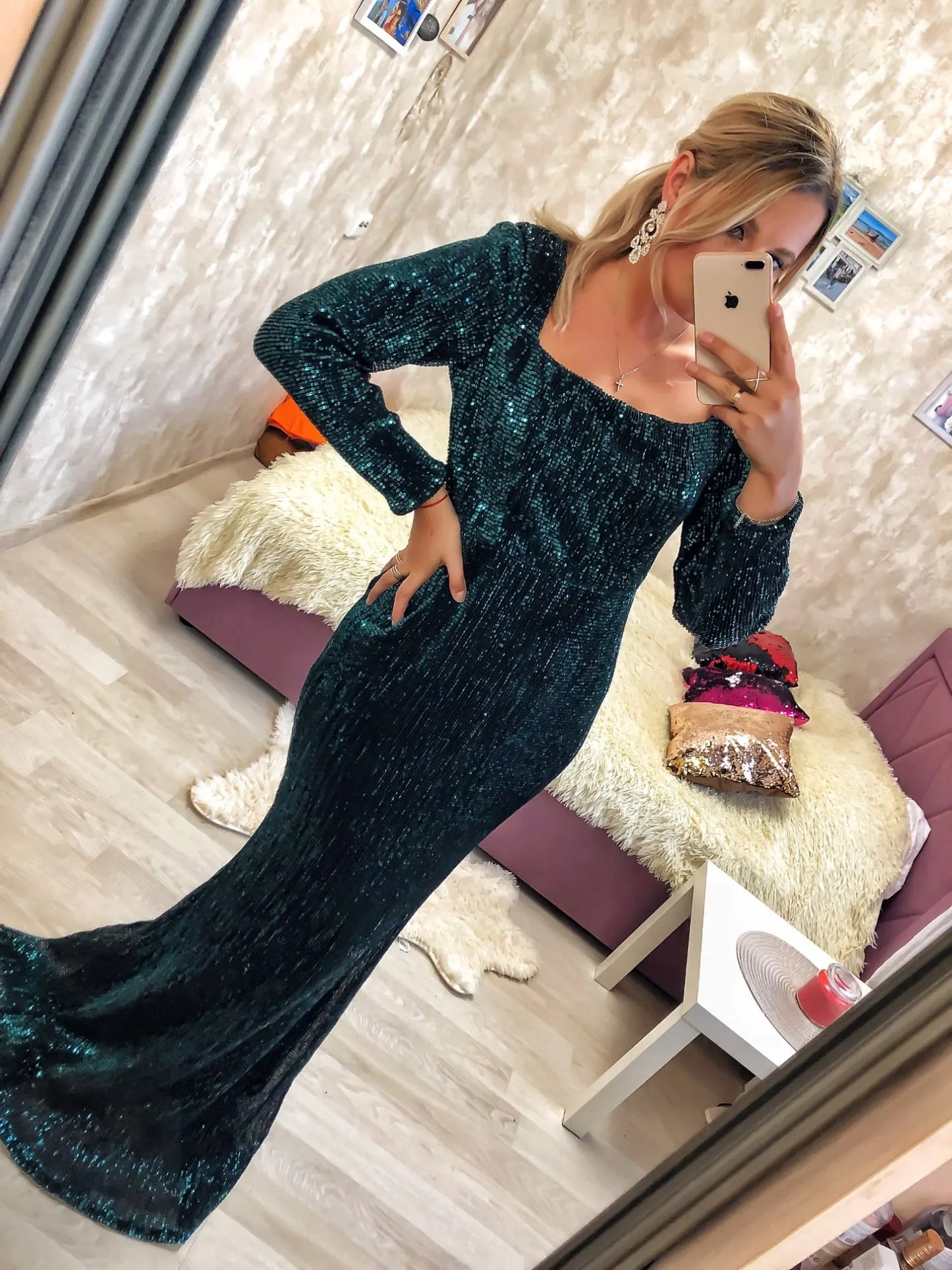 Square Neck Long Evening Mermaid Dress Full Sleeved Green Sequined Floor Length Stretchy Bodycon Maxi Dress