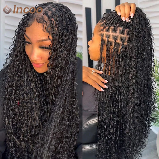 Boho Box Braided Wigs Curly Hair Synthetic Full Lace Front Wigs for Women Goddess Locs Braid Wig Burgundy Bohemian Box Braid Wig