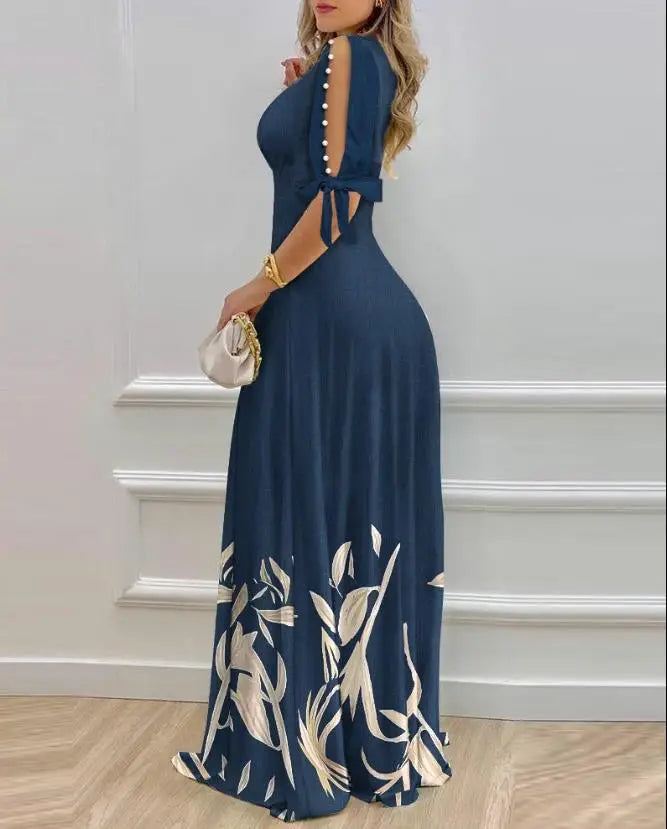 New Fashion 2024 Summer Casual Colorblock V-Neck Bell Sleeve Maxi Dress Sexy Elegant Dresses for Women Female Clothing Outfits