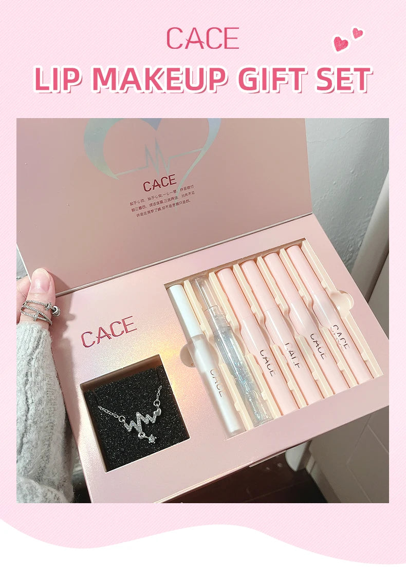 CACE Matte Liquid Lipstick Makeup Sets 4 Colors Lipgloss And 1pc Transparent Lipgloss And 1pc Lip Balm Plumper And Necklace Gift