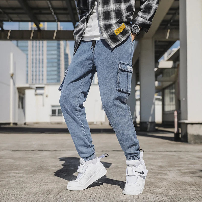 Spring Autumn Men's Jeans Multi-Pockets Work Wear Cargo Pants Black Blue Elastic Waist Denim Joggers Big Size Jean Trousers 8XL