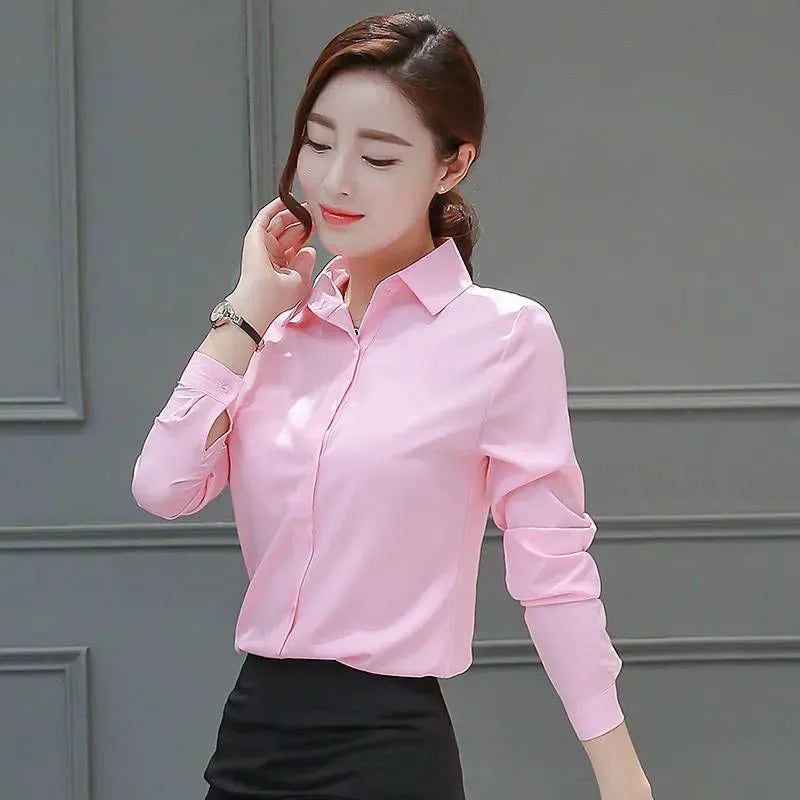 Fashion Women White Shirts Korean Long-sleeve Professional Formal Work Shirt Ladies Office OL Buttons Turndown Collar Blouses