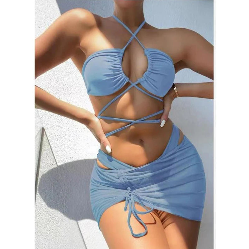 Women Sexy Halter Hollow Lace Up Y2K 3pcs Swimsuit Sets Summer Vacation Outfits Bikini Skirt Push Up Solid Beach Wear Swimwears