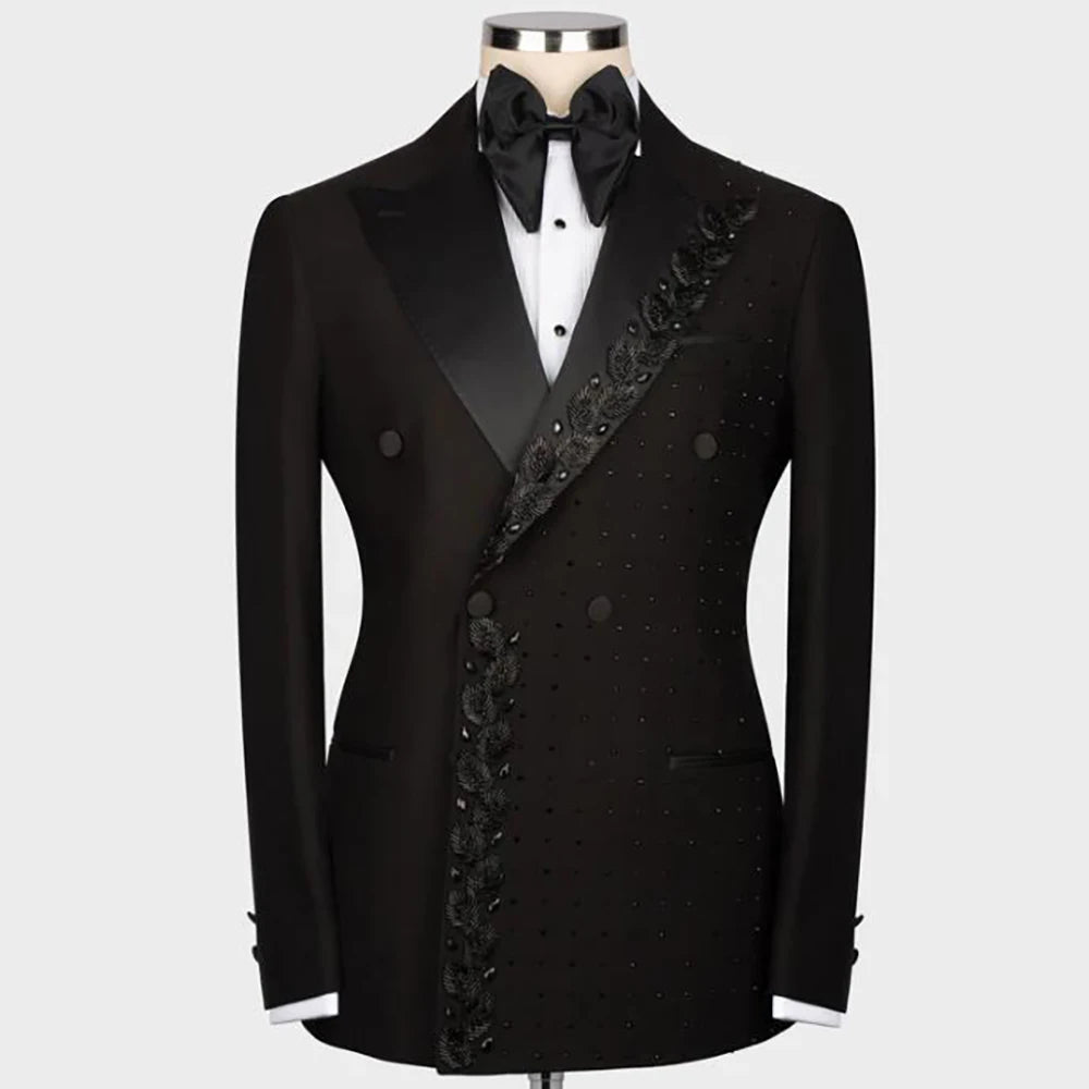 Luxury Wedding Suits Double Breasted Blazer Pants 2 Pieces Groom Tuxedos  Crystals Beads Men's Dress Customized Man Clothing
