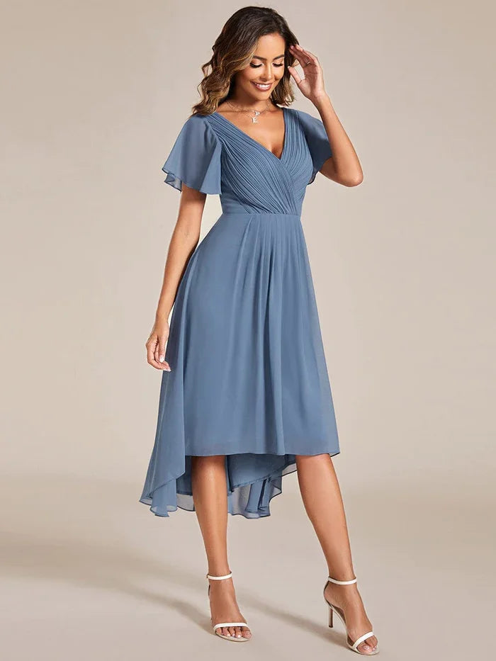 Ever-Pretty 2024 Woman'S  Chic V Neck Asymmetrical Hem Ruffles Sleeve Pleated Chiffon Dress