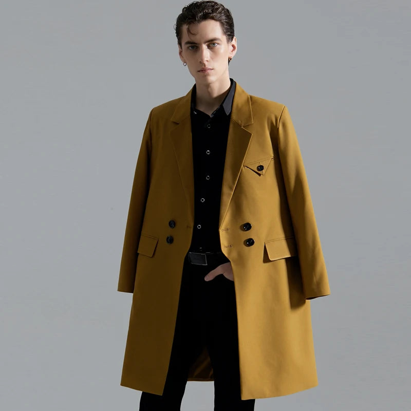 Spring Men's Fashion Long Trench Coat New Autumn Waterproof Loose Cotton Windbreaker Jacket Male Solid Double Breasted Outerwear