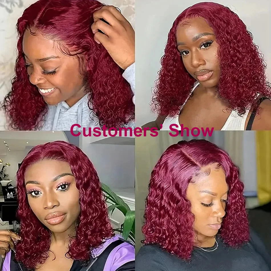 99J Burgundy Short Kinky Curly Bob Wigs Human Hair 13X4 Transparent Lace Wigs Deep Wave Brazilian Human Hair Lace Frontal Wig