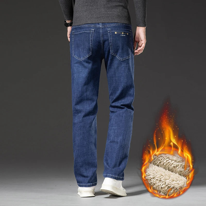 40 42 44 46 Plus Size Winter Fleece Jeans Classic Business Casual Straight Loose Men's Thick Warm Denim Pants Office Trousers