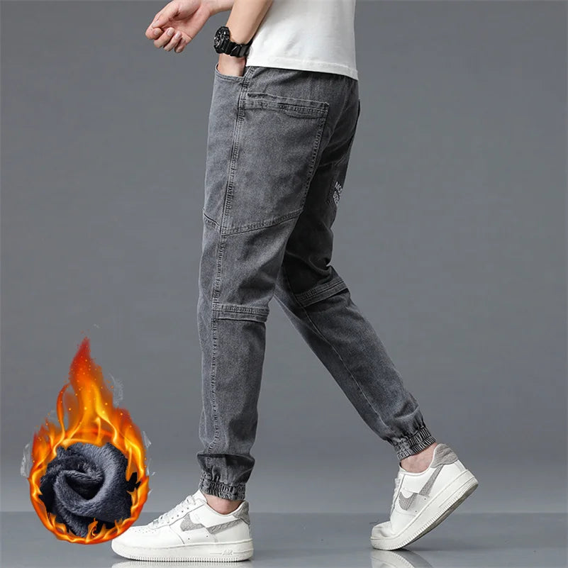 New Winter Men Warm Thermal Black Blue Cargo Jeans Fleece Streetwear Denim Jogger Pants Thick Fur Baggy Harem Trousers Plus Size