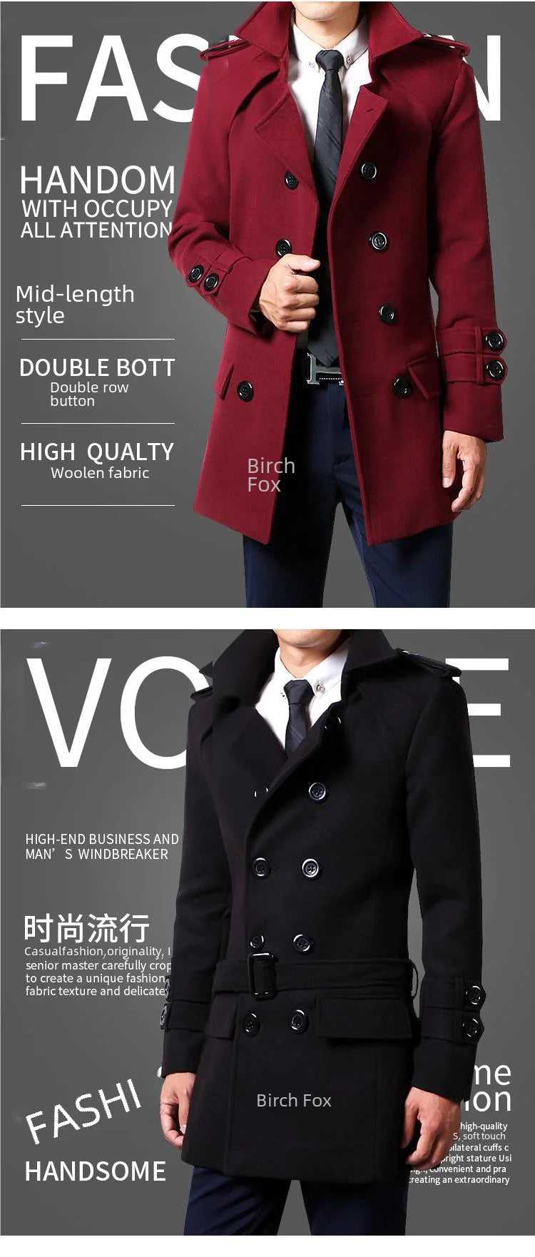 Winter Woolen Overcoat Men Medium-length Fleece-lined Thickened Trendy Wool Jacket For Autumn/winter Season