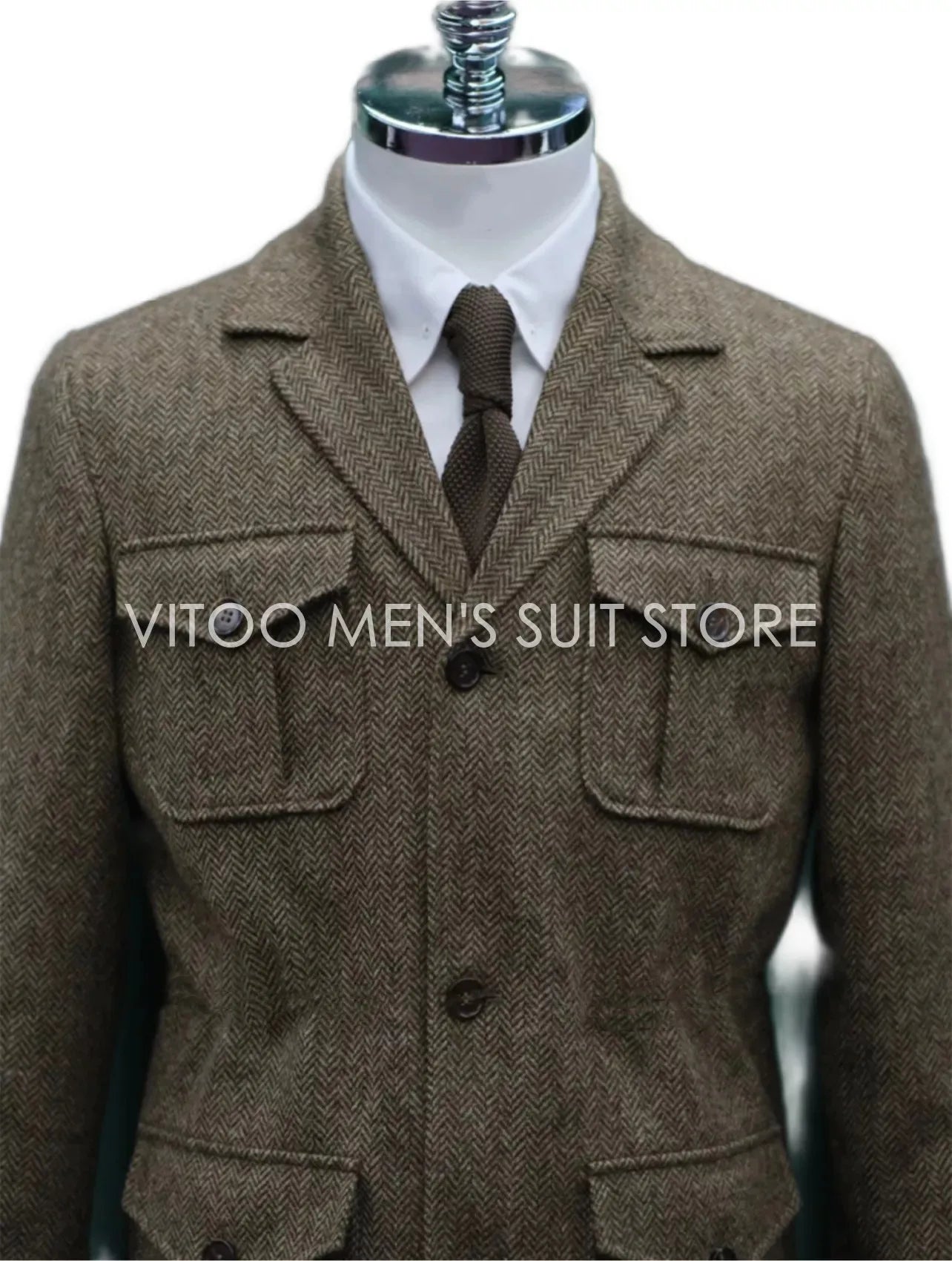 Winter Tweed Herringbone Men Suits/Classic Safari Jacket With Four Envelope Pocket/Unique Design Casual Male Clothing Coat+Tie