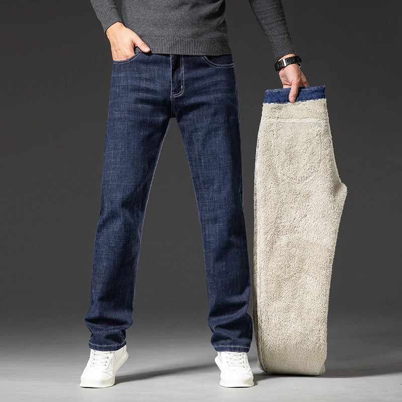 40 42 44 46 Plus Size Winter Fleece Jeans Classic Business Casual Straight Loose Men's Thick Warm Denim Pants Office Trousers