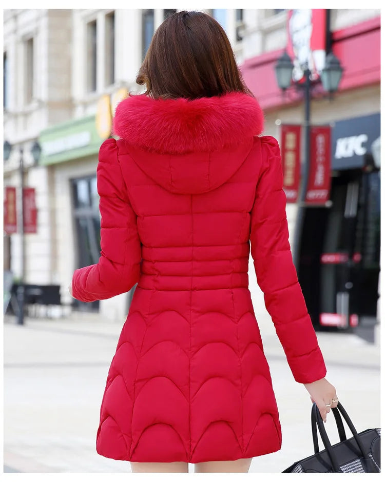 Winter Women Jacket Parka Big Fur Collar Hooded Thick Warm Female Coat Casual Outwear European Fashion Black Tops -30 Degrees