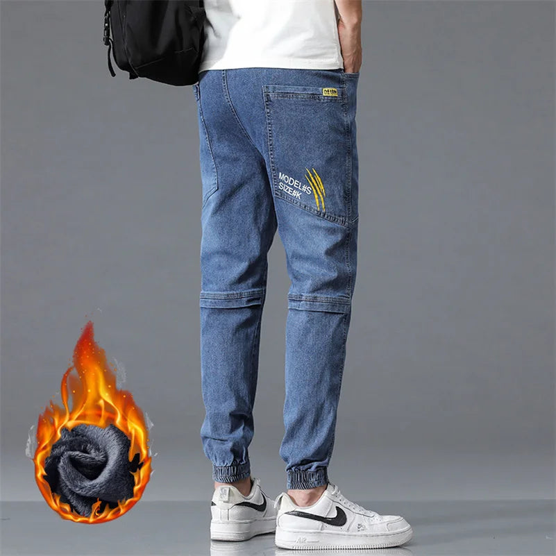 New Winter Men Warm Thermal Black Blue Cargo Jeans Fleece Streetwear Denim Jogger Pants Thick Fur Baggy Harem Trousers Plus Size