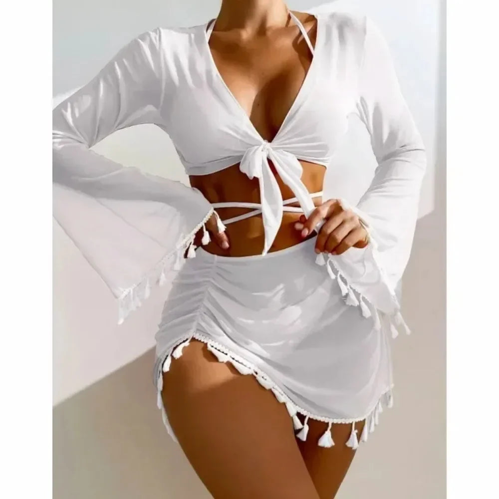 2024 New Women's Split Three-Four-Piece Set Solid Color Tassel Lace-Up Long Sleeves   Trade Swimsuit Bathing Suit