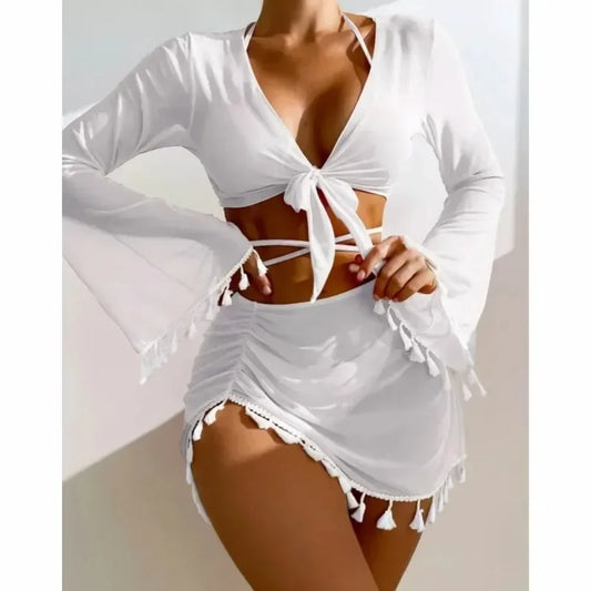 2024 New Women's Split Three-Four-Piece Set Solid Color Tassel Lace-Up Long Sleeves   Trade Swimsuit Bathing Suit