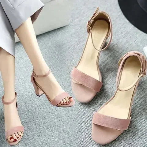 New Thick Heel 7 Cm 5 Cm Sandals Women Summer Wild Large Size High Heel Mid-heel Buckle Sandals Open Toe Flock Pumps Shoes